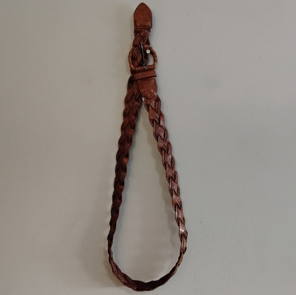 4/$20➡️ LA EXPRESS Cognac Brown Faux Leather Bead Trim Braided Belt – Size Large - Picture 8 of 11